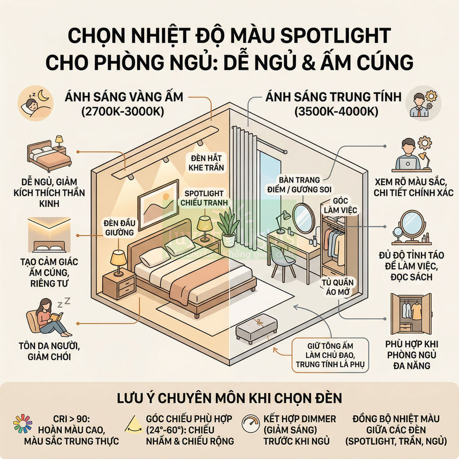 Minh họa phòng ngủ với đèn spotlight ánh sáng vàng ấm và trung tính, hướng dẫn chọn nhiệt độ màu đèn phù hợp