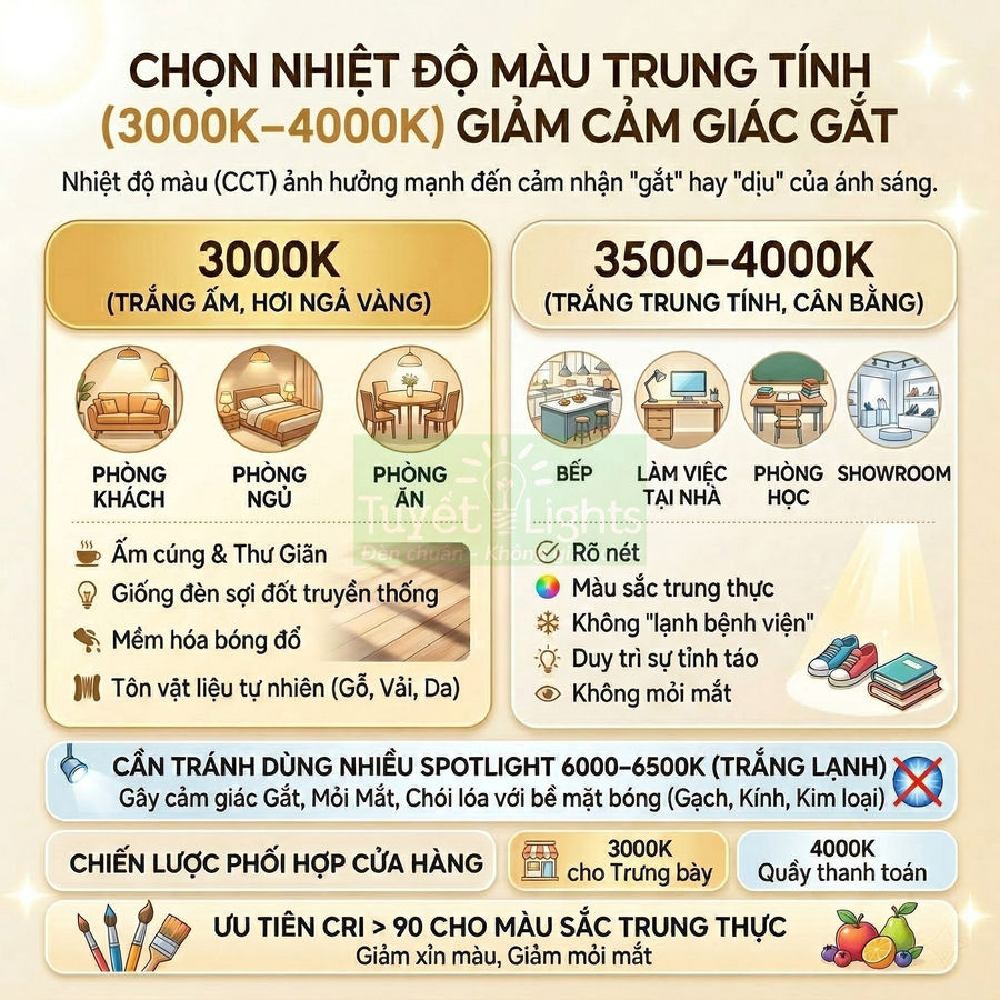 Infographic hướng dẫn chọn nhiệt độ màu đèn LED 3000K đến 4000K cho phòng khách, phòng ngủ, bếp, phòng học