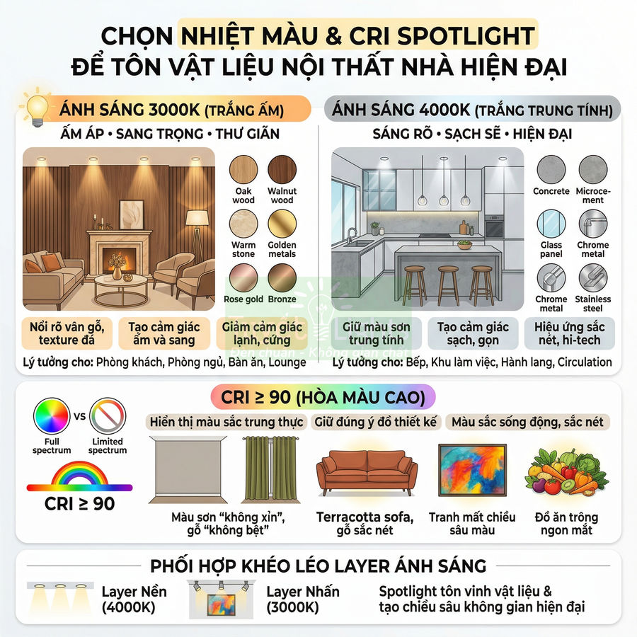 Infographic hướng dẫn chọn nhiệt màu và CRI cho đèn spotlight tôn vật liệu nội thất nhà hiện đại