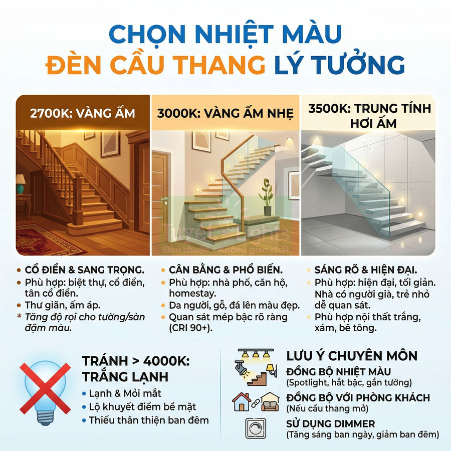 Infographic hướng dẫn chọn nhiệt màu đèn cầu thang 2700K 3000K 3500K và tránh dùng ánh sáng trắng lạnh