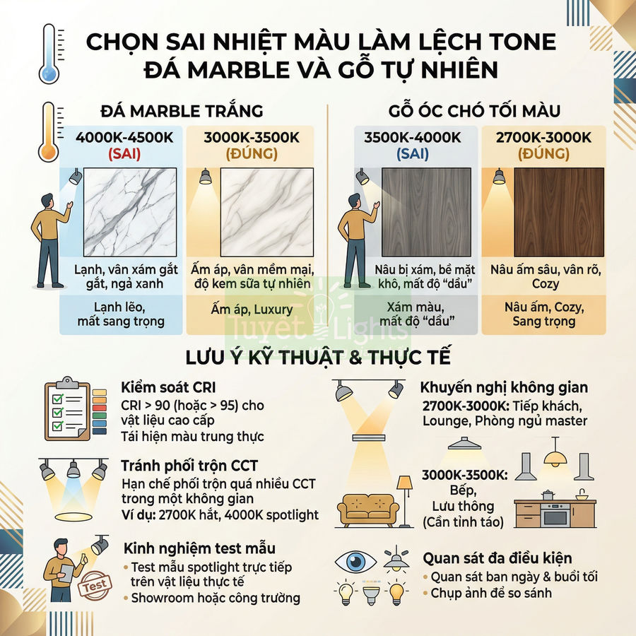 Infographic hướng dẫn chọn nhiệt màu đèn LED cho đá marble trắng và gỗ óc chó tự nhiên, kèm lưu ý kỹ thuật chiếu sáng