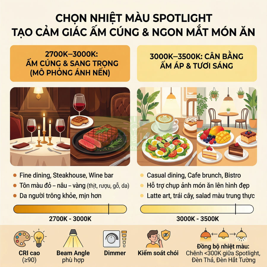 Infographic hướng dẫn chọn nhiệt màu đèn spotlight 2700K đến 3500K để làm món ăn trông ấm cúng và hấp dẫn