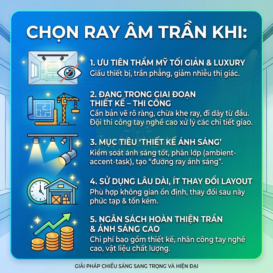Poster tư vấn chọn ray âm trần cho hệ thống chiếu sáng nội thất sang trọng và hiện đại