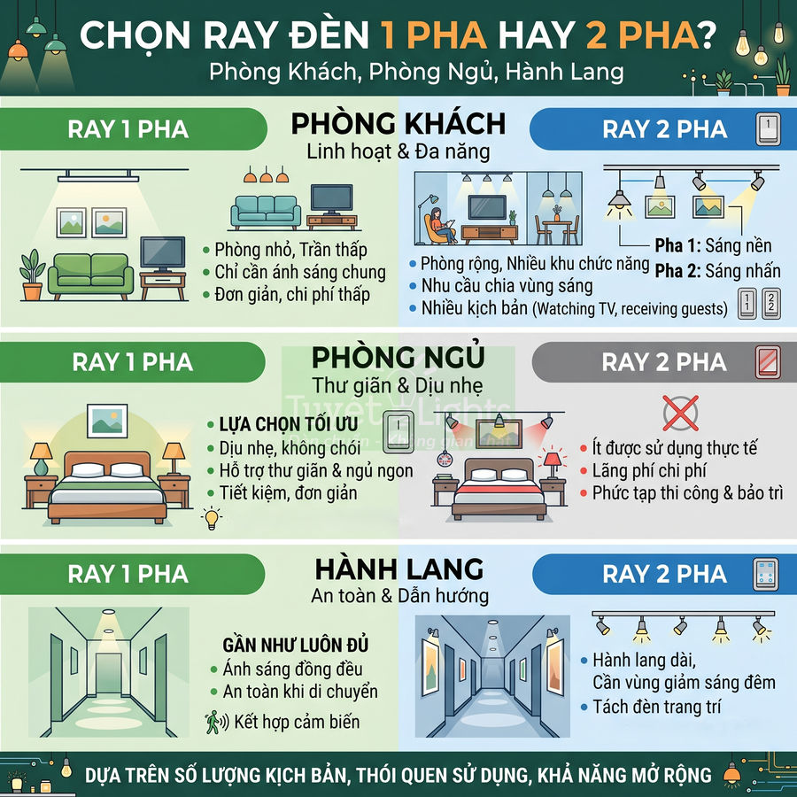 Infographic so sánh ray đèn 1 pha và 2 pha cho phòng khách, phòng ngủ, hành lang trong nhà