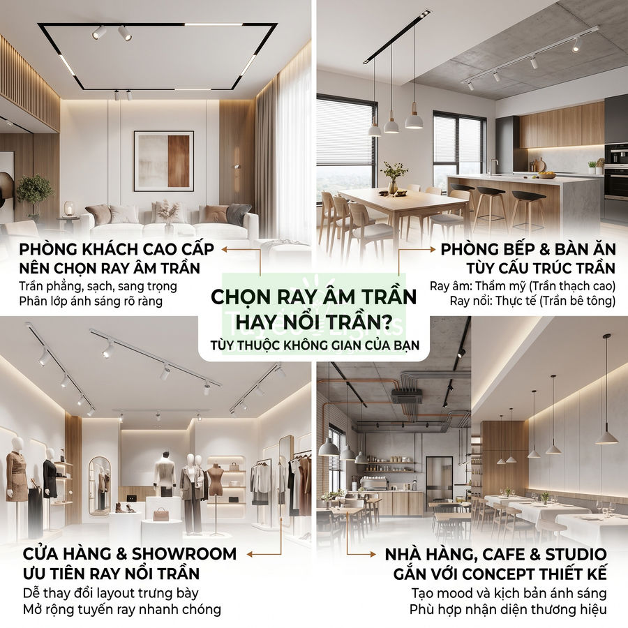 Các mẫu đèn ray âm trần và ray nổi trần cho phòng khách, bếp, showroom, nhà hàng cafe hiện đại