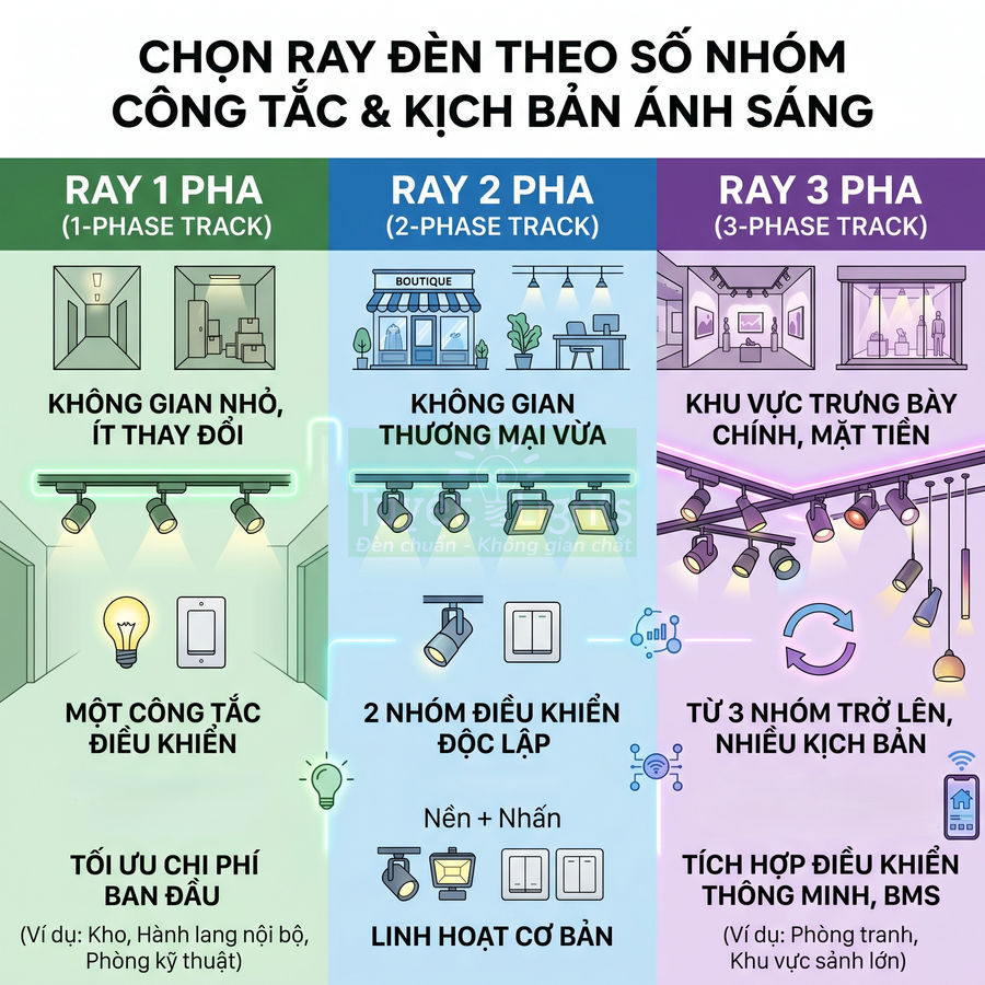 Hướng dẫn chọn ray đèn 1 pha, 2 pha, 3 pha theo số nhóm công tắc và kịch bản chiếu sáng cho từng không gian