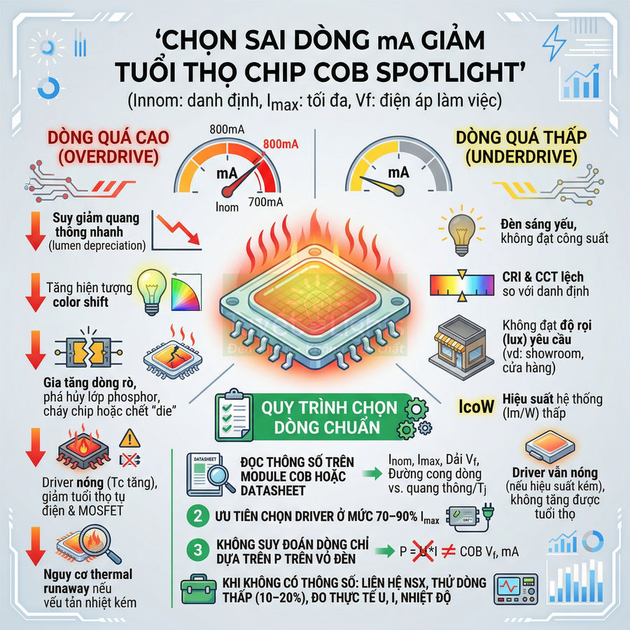 Infographic hướng dẫn chọn dòng mA chuẩn để tăng tuổi thọ và hiệu suất chip LED COB spotlight
