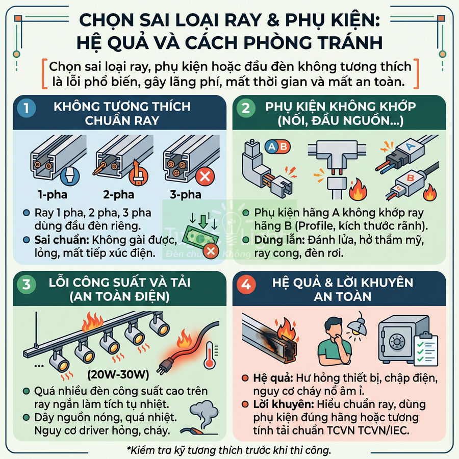 Infographic hướng dẫn chọn đúng ray đèn và phụ kiện chiếu sáng để tránh cháy nổ và đảm bảo an toàn điện