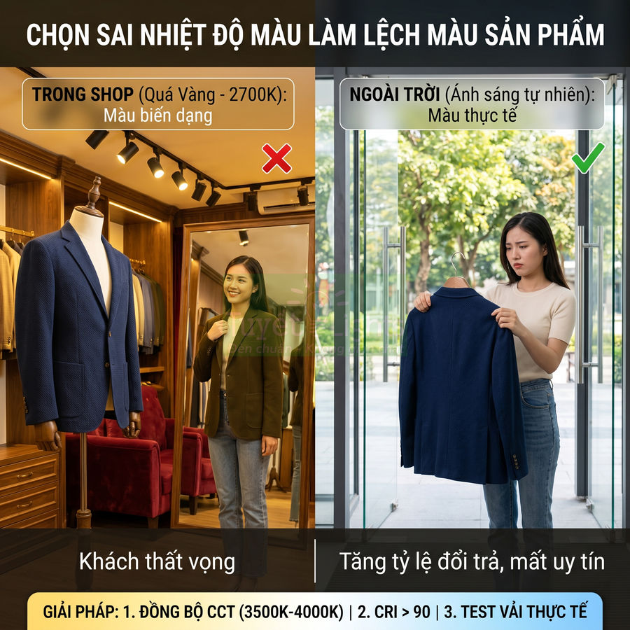 Áo vest xanh navy trong cửa hàng và ngoài trời cho thấy sự lệch màu sản phẩm do khác nhiệt độ màu ánh sáng