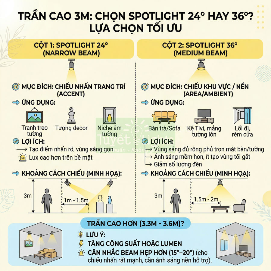 Hướng dẫn chọn đèn spotlight 24 độ và 36 độ cho trần cao 3m, minh họa ứng dụng chiếu tranh, sofa, kệ tivi