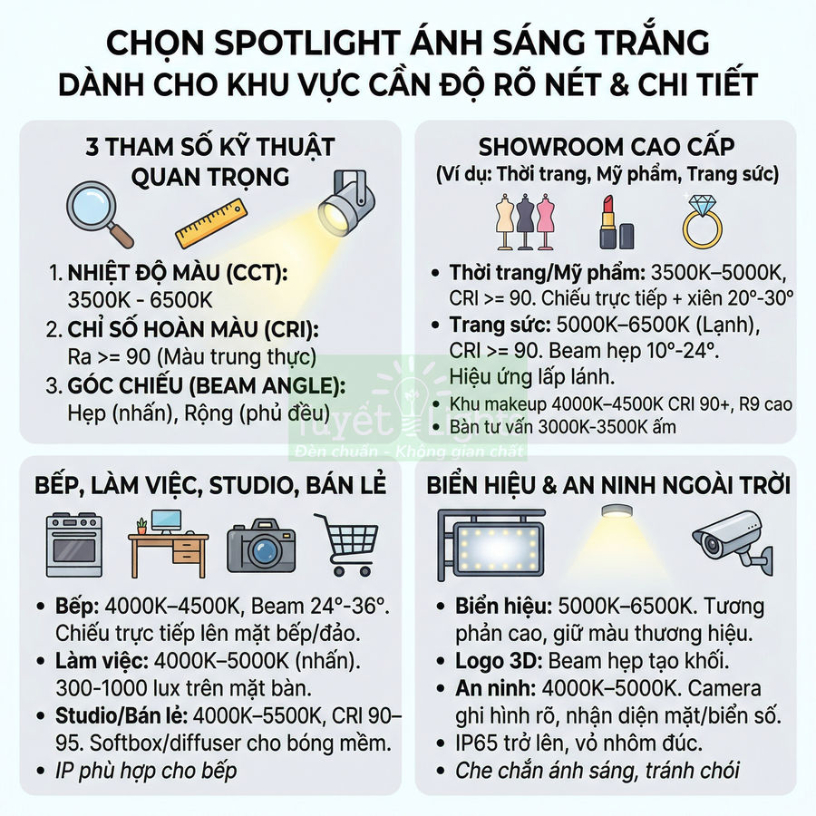 Hướng dẫn chọn đèn spotlight ánh sáng trắng cho showroom, bếp, studio, biển hiệu và an ninh ngoài trời