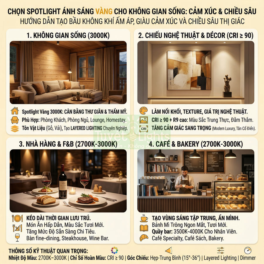 Hướng dẫn chọn đèn spotlight ánh sáng vàng 2700K 3000K cho phòng khách nhà hàng quán cafe bakery