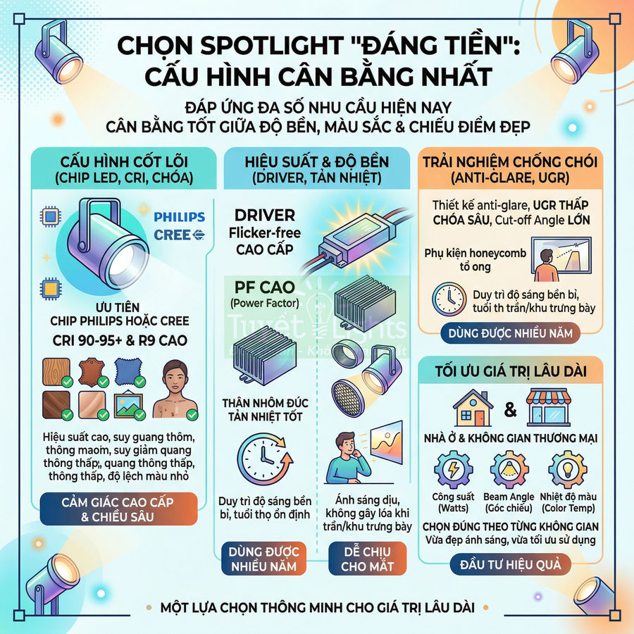 Infographic hướng dẫn chọn đèn spotlight Philips Cree cấu hình cân bằng, nhấn mạnh độ bền, chống chói và giá trị sử dụng lâu dài
