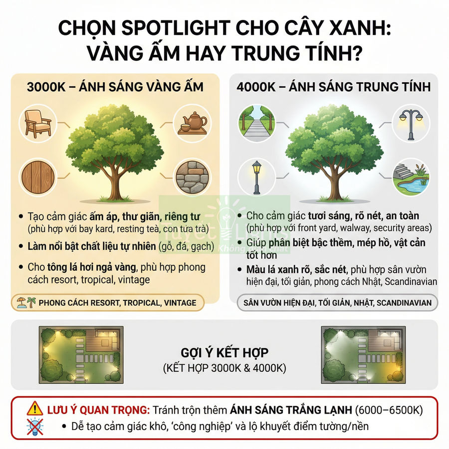 Infographic so sánh spotlight 3000K ánh sáng vàng ấm và 4000K ánh sáng trung tính cho cây xanh sân vườn