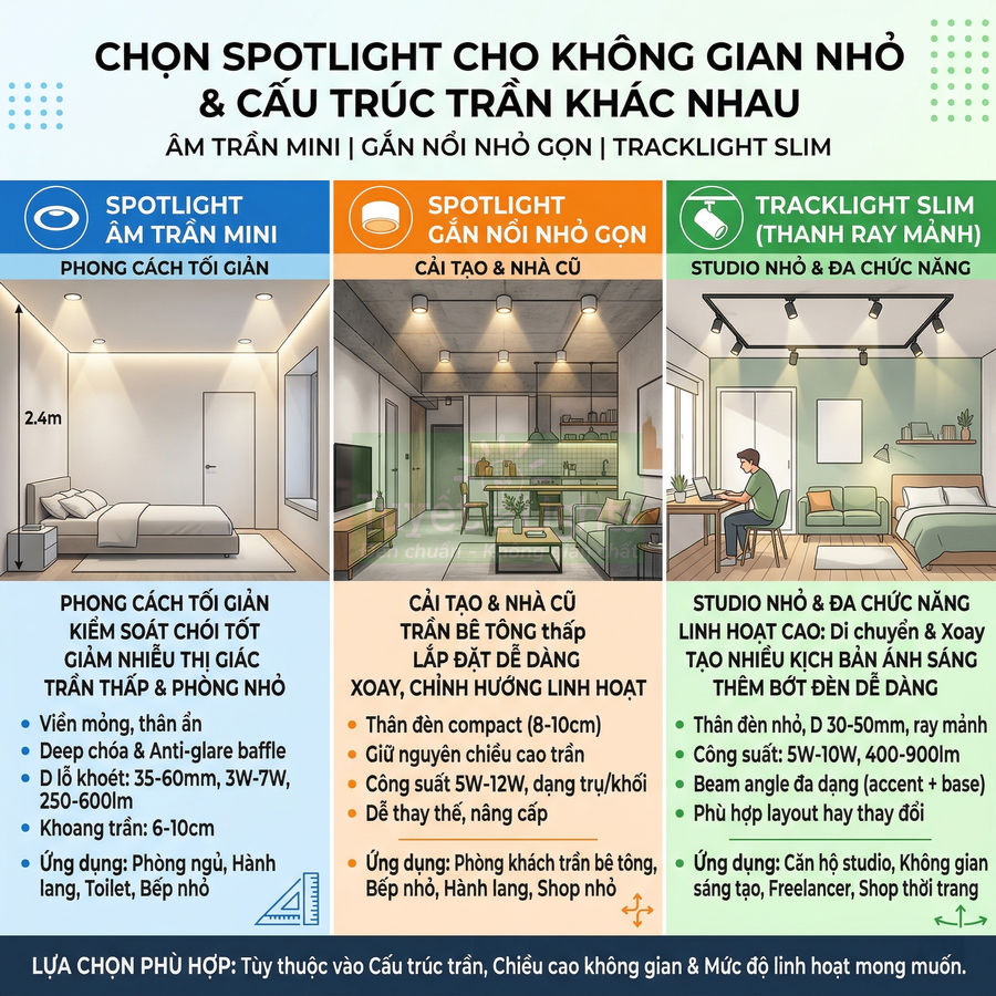 So sánh các loại đèn spotlight âm trần, gắn nổi nhỏ gọn và tracklight slim cho không gian nhỏ