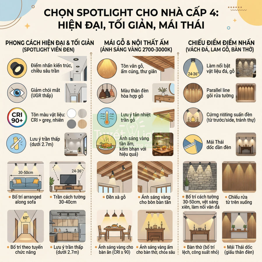 Infographic hướng dẫn chọn đèn spotlight cho nhà cấp 4 hiện đại tối giản mái thái với các kiểu bố trí chiếu sáng khác nhau