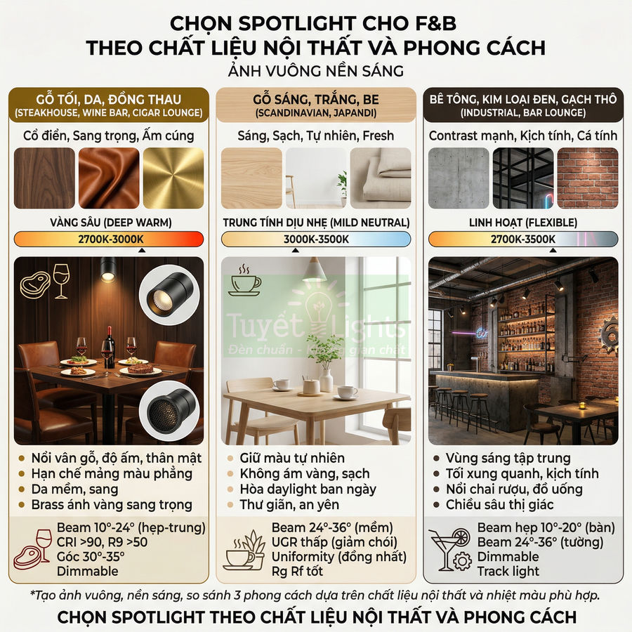 Infographic hướng dẫn chọn đèn spotlight Tuyết Lights cho không gian F&B theo chất liệu nội thất và phong cách