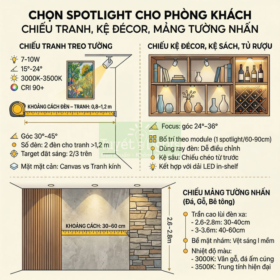 Hướng dẫn chọn đèn spotlight phòng khách chiếu tranh treo tường, kệ decor, mảng tường nhấn đá gỗ bê tông