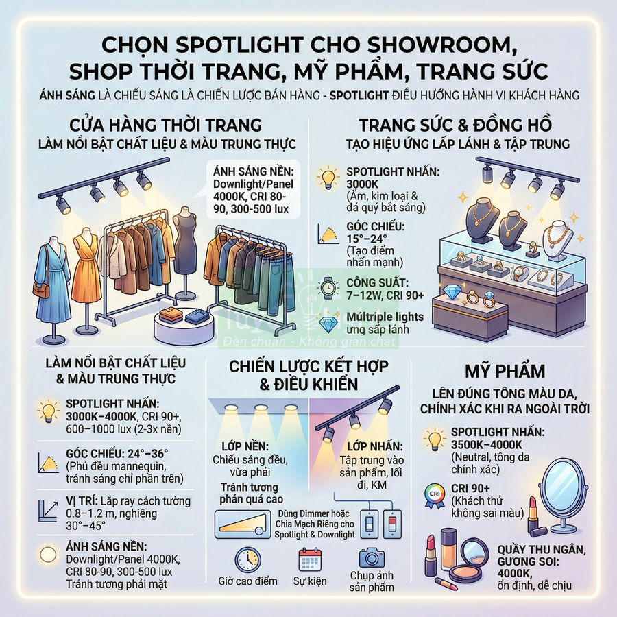 Hướng dẫn chọn đèn spotlight cho showroom thời trang mỹ phẩm trang sức với minh họa quần áo và tủ trưng bày
