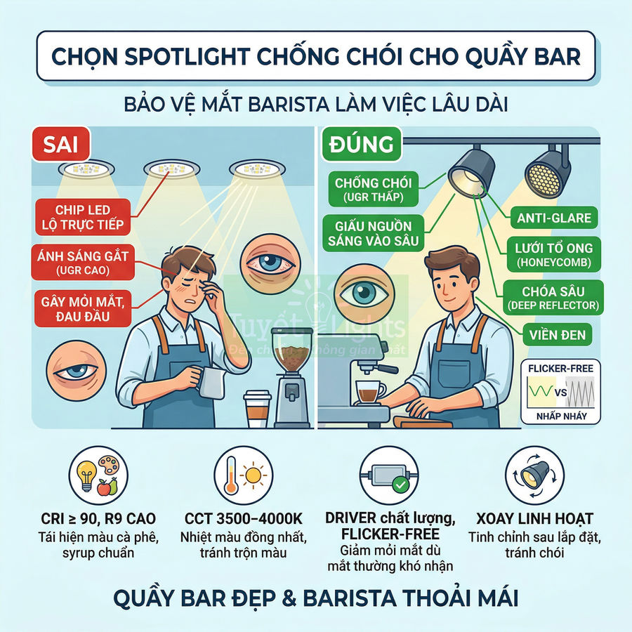 Infographic so sánh đèn spotlight chống chói và đèn thường cho quầy bar, bảo vệ mắt barista khi pha chế