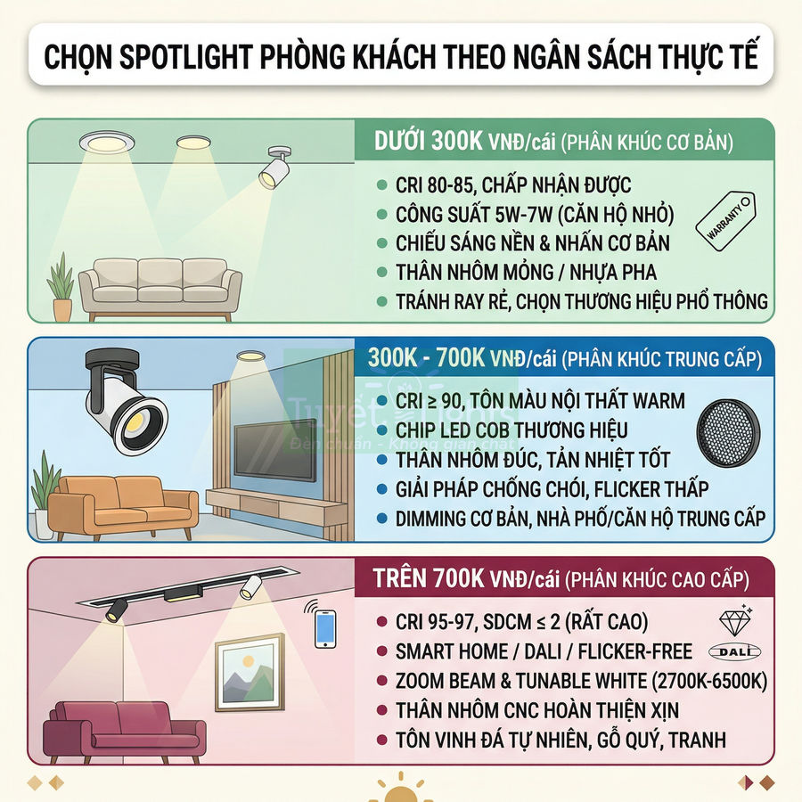 Bảng hướng dẫn chọn đèn spotlight phòng khách theo các mức ngân sách và phân khúc chất lượng khác nhau