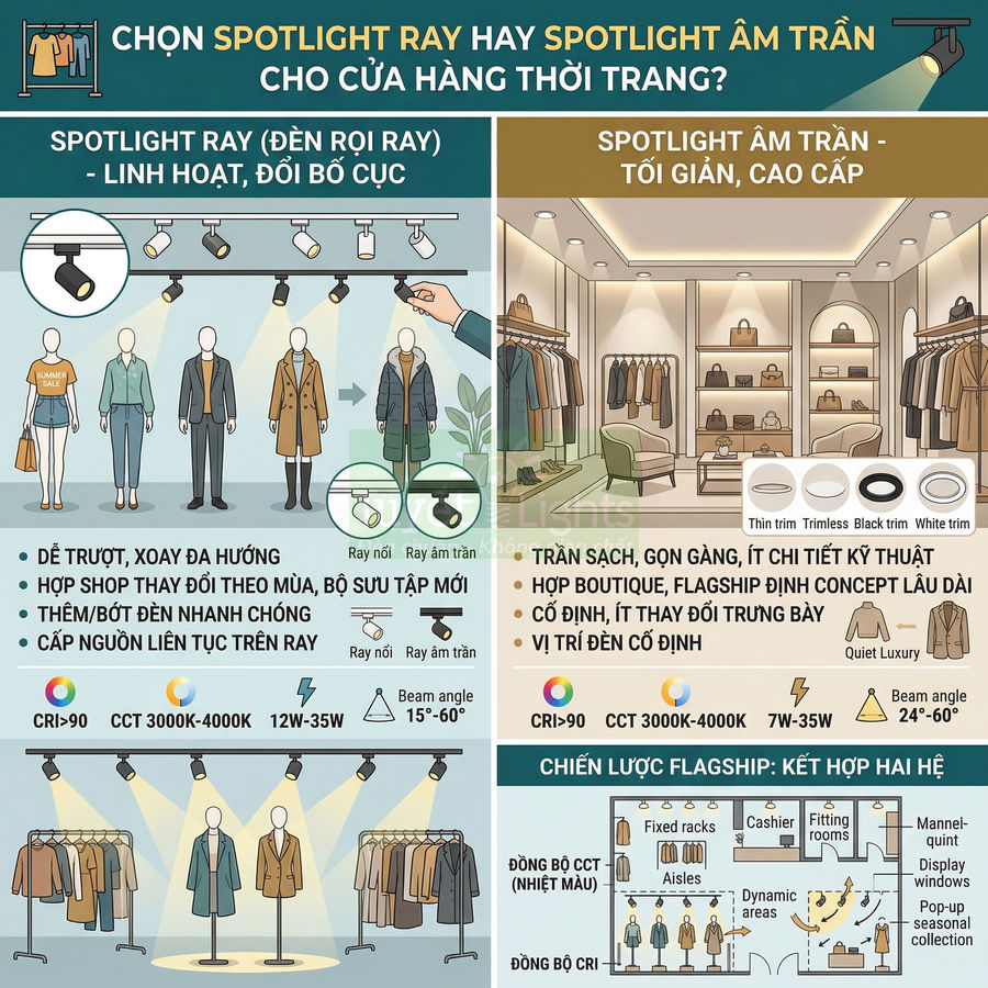 Infographic so sánh spotlight ray và spotlight âm trần cho cửa hàng thời trang, ưu điểm và cách bố trí ánh sáng