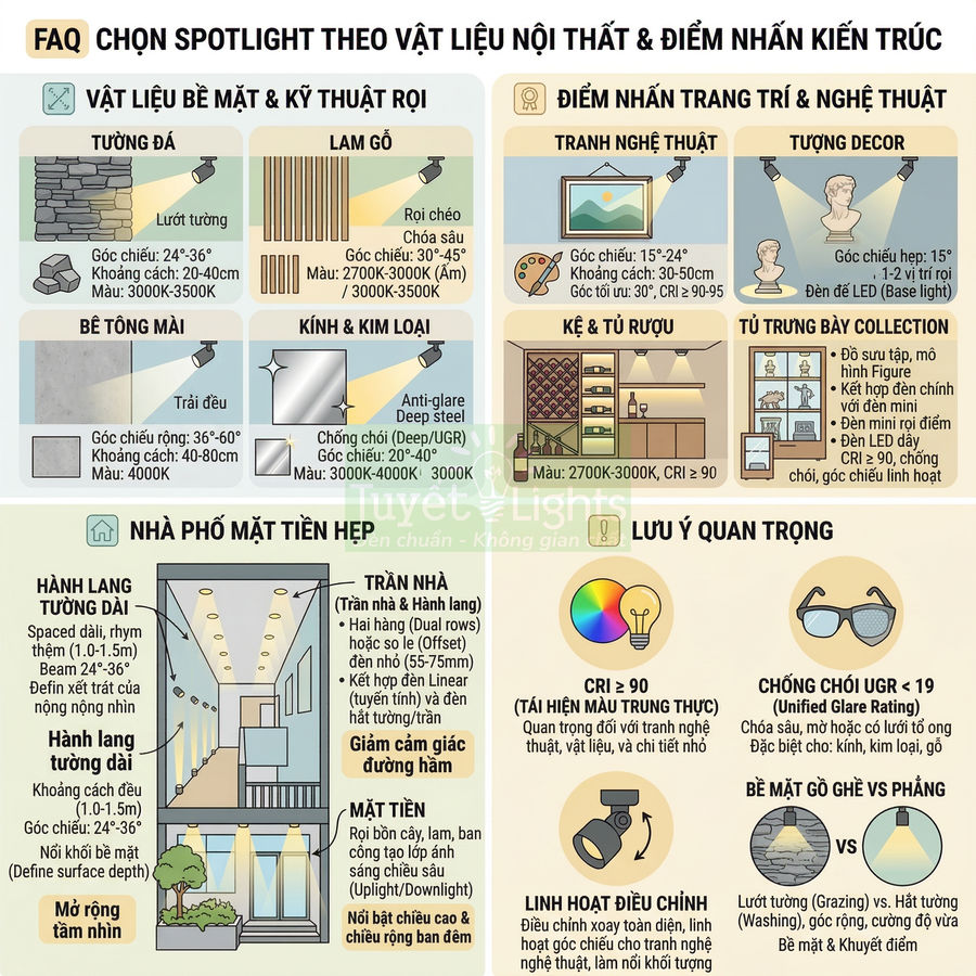Infographic hướng dẫn chọn đèn spotlight Tuyết Lights theo vật liệu nội thất và điểm nhấn kiến trúc