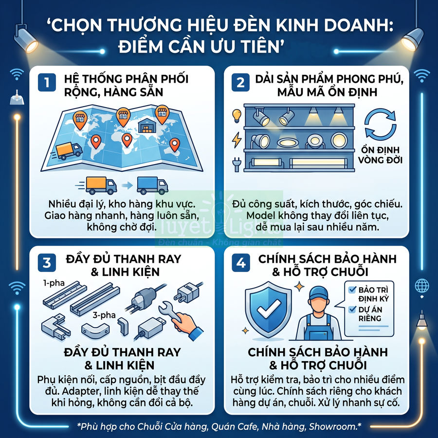 Infographic tiêu chí chọn thương hiệu đèn kinh doanh với hệ thống phân phối, sản phẩm, linh kiện và bảo hành