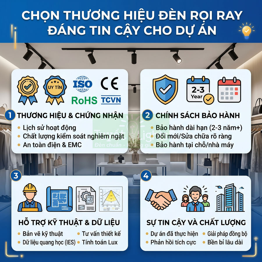 Hướng dẫn chọn thương hiệu đèn rọi ray uy tín với tiêu chí chứng nhận, bảo hành, hỗ trợ kỹ thuật và chất lượng dự án