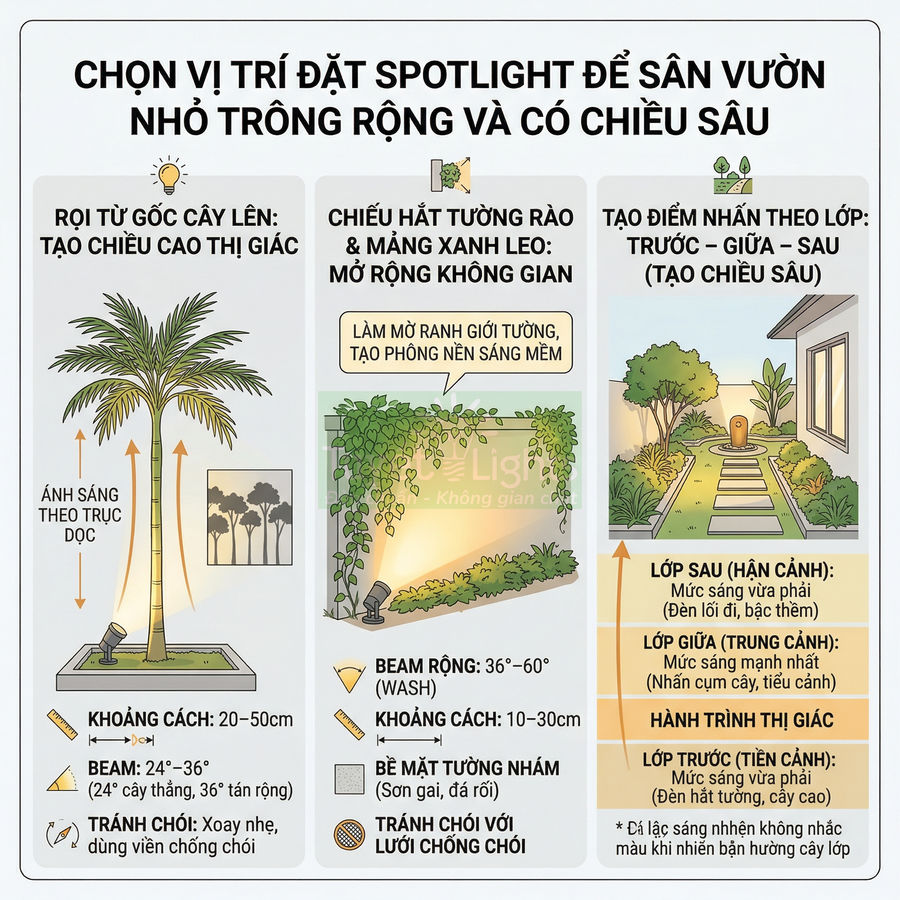 Minh họa cách bố trí đèn spotlight chiếu cây, tường rào và lối đi để sân vườn nhỏ trông rộng và có chiều sâu