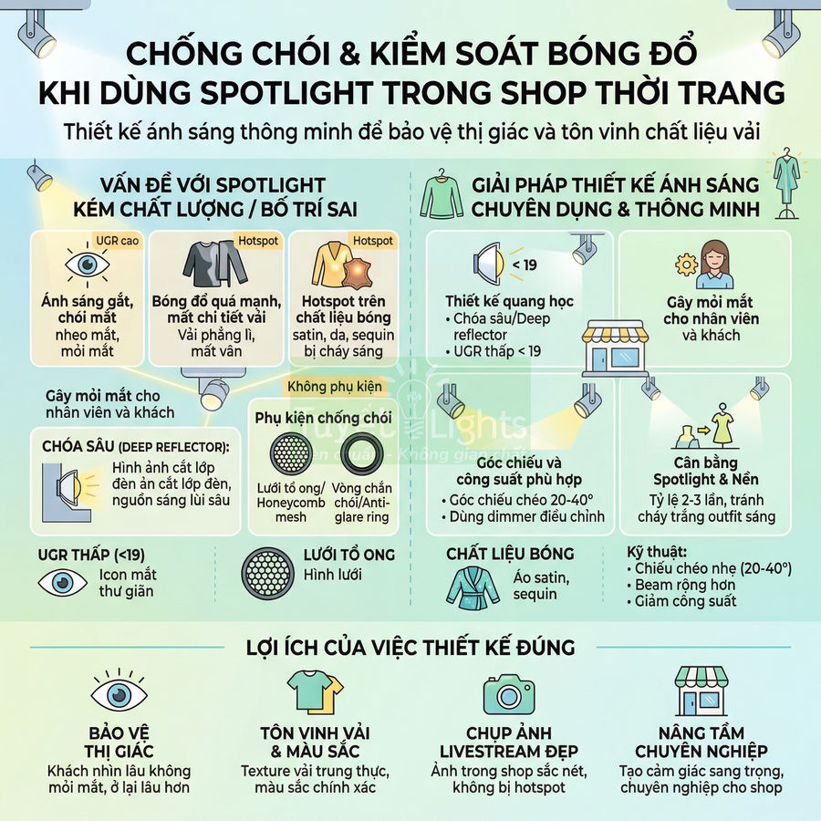 Infographic hướng dẫn thiết kế ánh sáng spotlight chống chói cho shop thời trang và lợi ích cho sản phẩm trưng bày