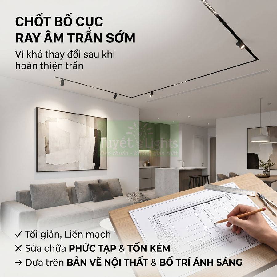 Thiết kế ray đèn âm trần phòng khách hiện đại với bản vẽ bố trí ánh sáng trên bàn