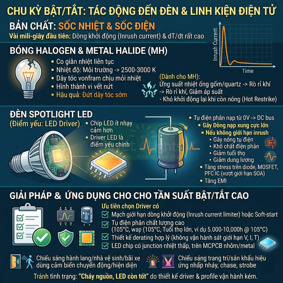 Infographic về tác động chu kỳ bật tắt đến bóng halogen, metal halide và đèn spotlight LED, nhấn mạnh vai trò LED driver