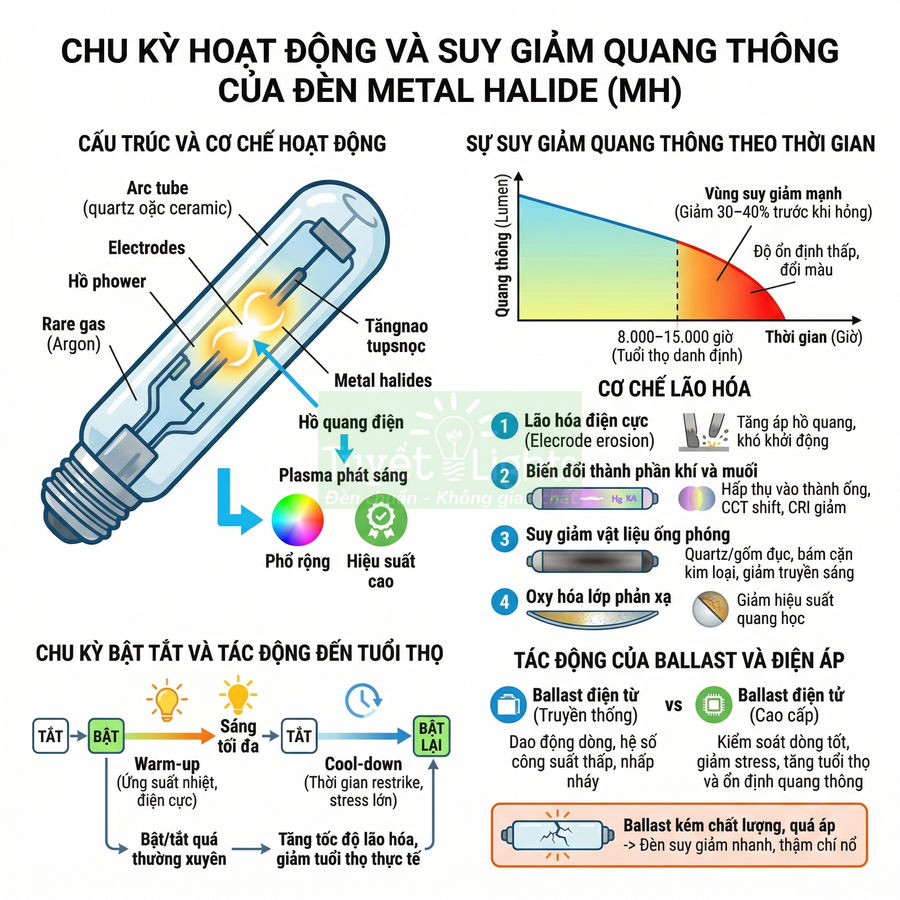 Chu kỳ hoạt động, cấu tạo và suy giảm quang thông của đèn metal halide MH kèm cơ chế lão hóa