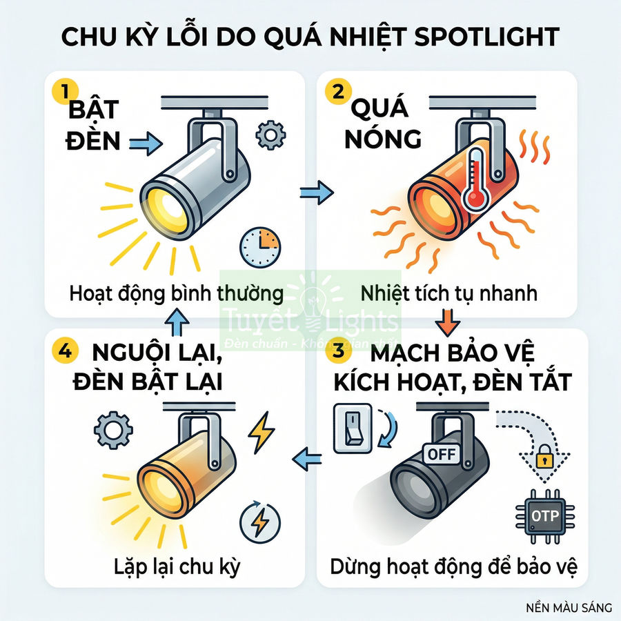 Chu kỳ lỗi do quá nhiệt đèn spotlight trần, mạch bảo vệ kích hoạt khiến đèn tắt và bật lại lặp nhiều lần