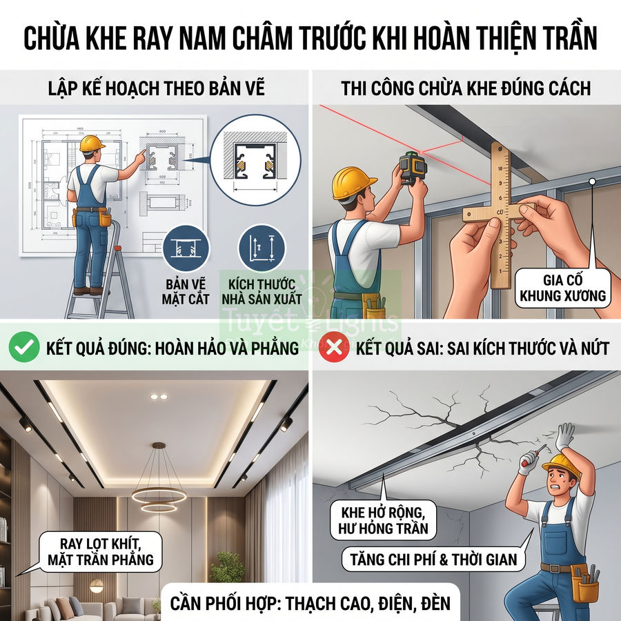 Hướng dẫn lắp đặt khe ray nam châm cho trần thạch cao phẳng, tránh nứt vỡ và khe hở, hoàn thiện trần đẹp