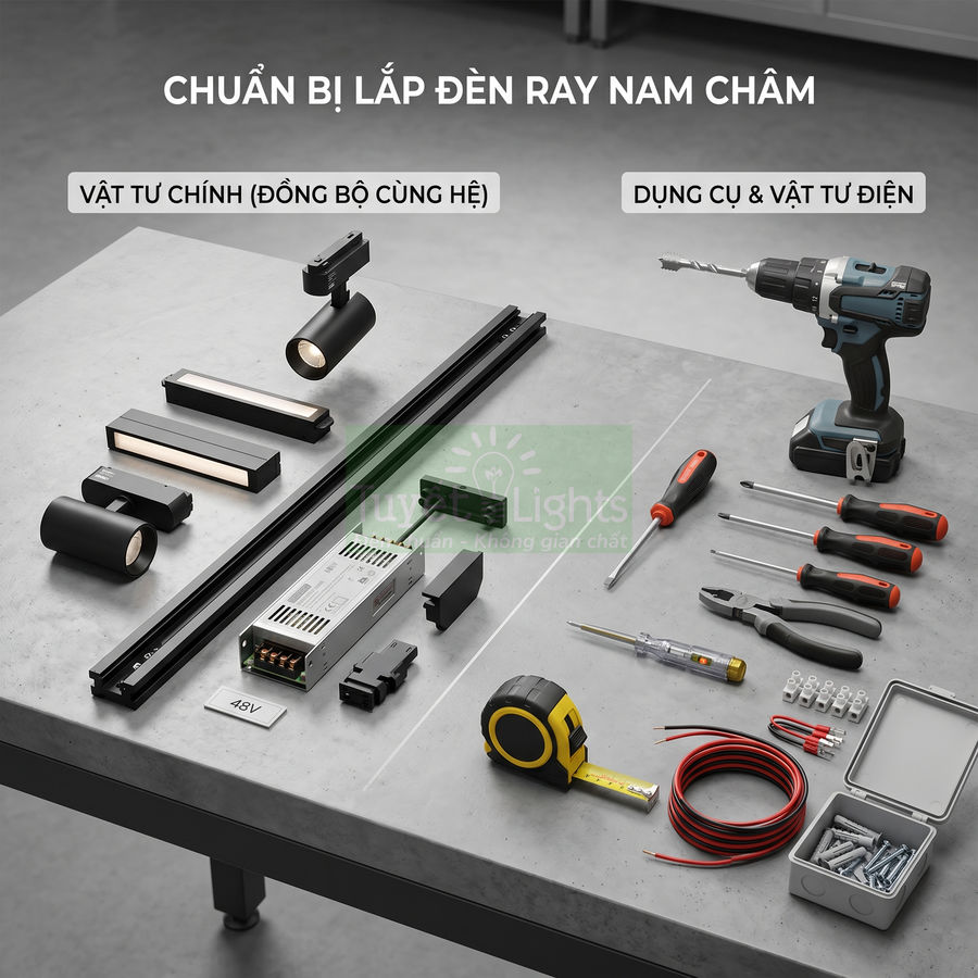 Bộ đèn ray nam châm và phụ kiện lắp đặt kèm dụng cụ điện trên bàn làm việc