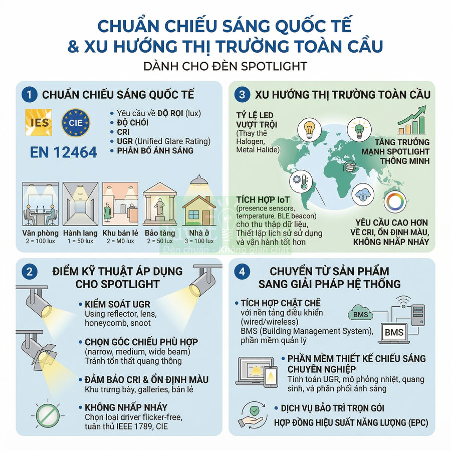 Infographic tiêu chuẩn chiếu sáng quốc tế và xu hướng thị trường toàn cầu cho đèn spotlight LED
