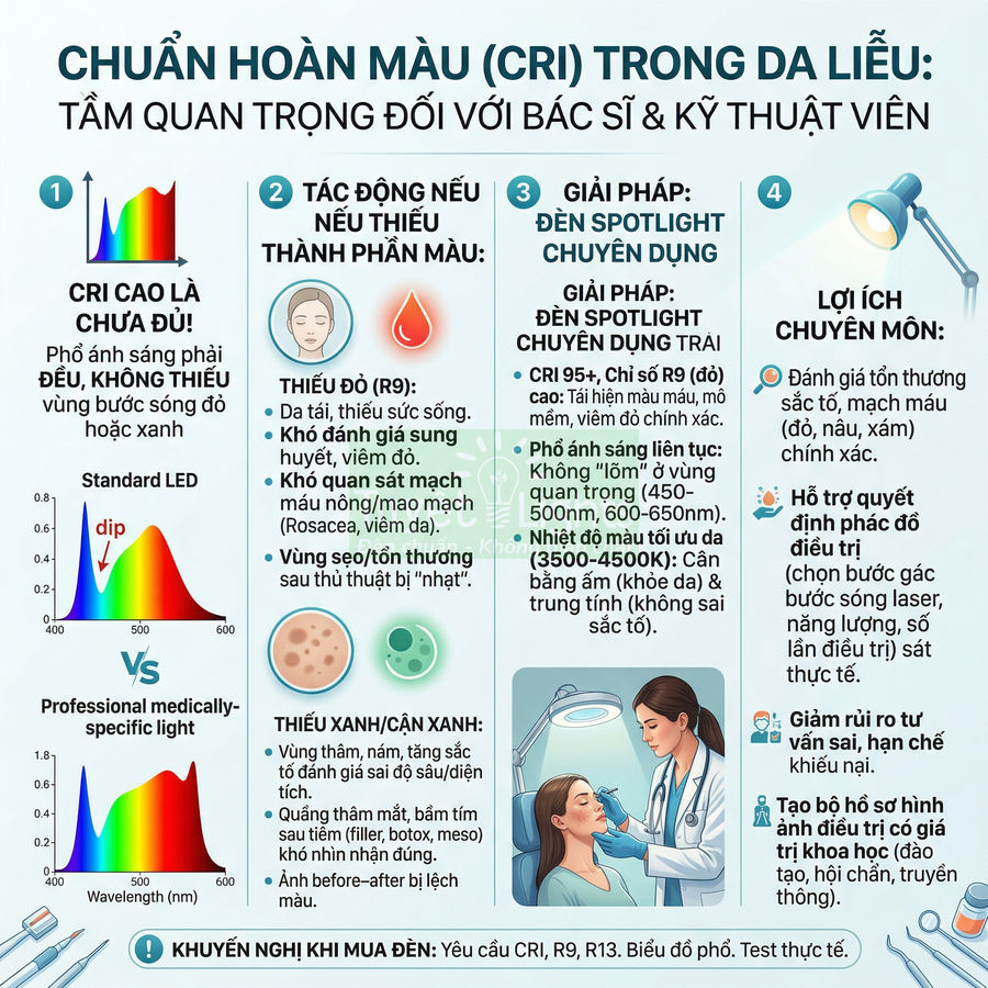 Infographic chuẩn hoàn màu CRI trong da liễu và lợi ích dùng đèn spotlight chuyên dụng cho bác sĩ kỹ thuật viên