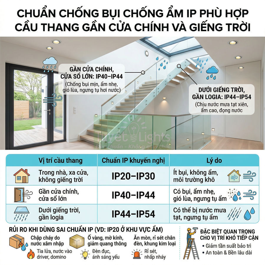 Đèn âm trần cầu thang gần cửa chính và giếng trời với bảng hướng dẫn chọn chuẩn chống bụi chống ẩm IP phù hợp
