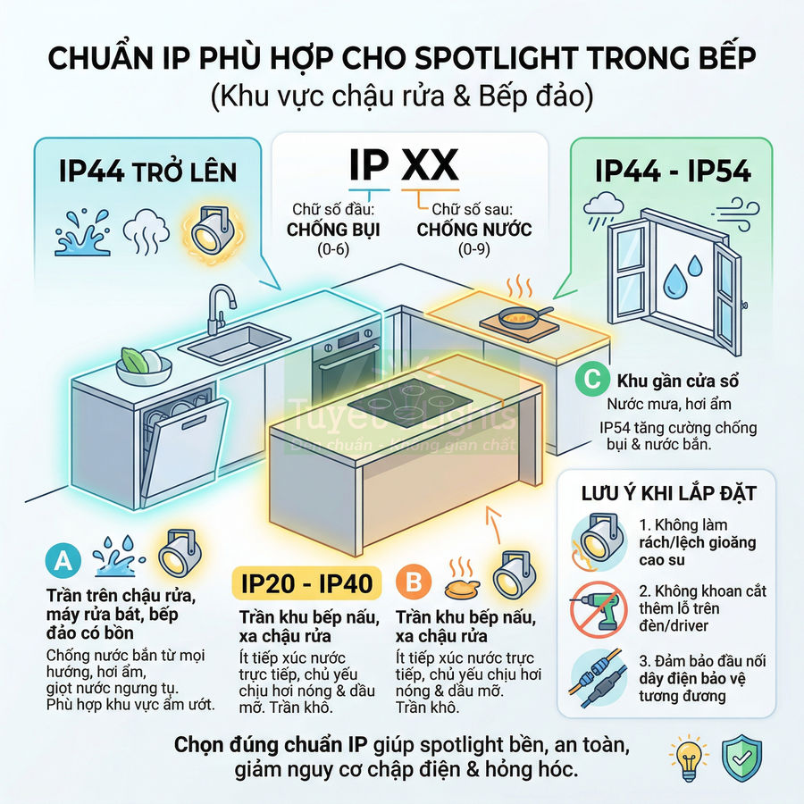 Hướng dẫn chọn chuẩn IP cho đèn spotlight trong bếp, khu vực chậu rửa, bếp nấu và cửa sổ chống nước, chống bụi