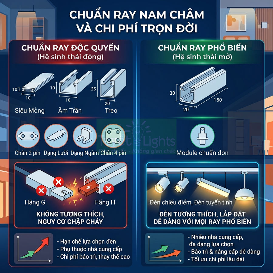 So sánh chuẩn ray nam châm độc quyền và ray nam châm phổ biến cho hệ thống đèn chiếu sáng