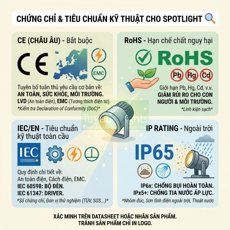 Infographic chứng chỉ CE, RoHS, IEC và IP65 cho đèn spotlight chiếu sáng ngoài trời