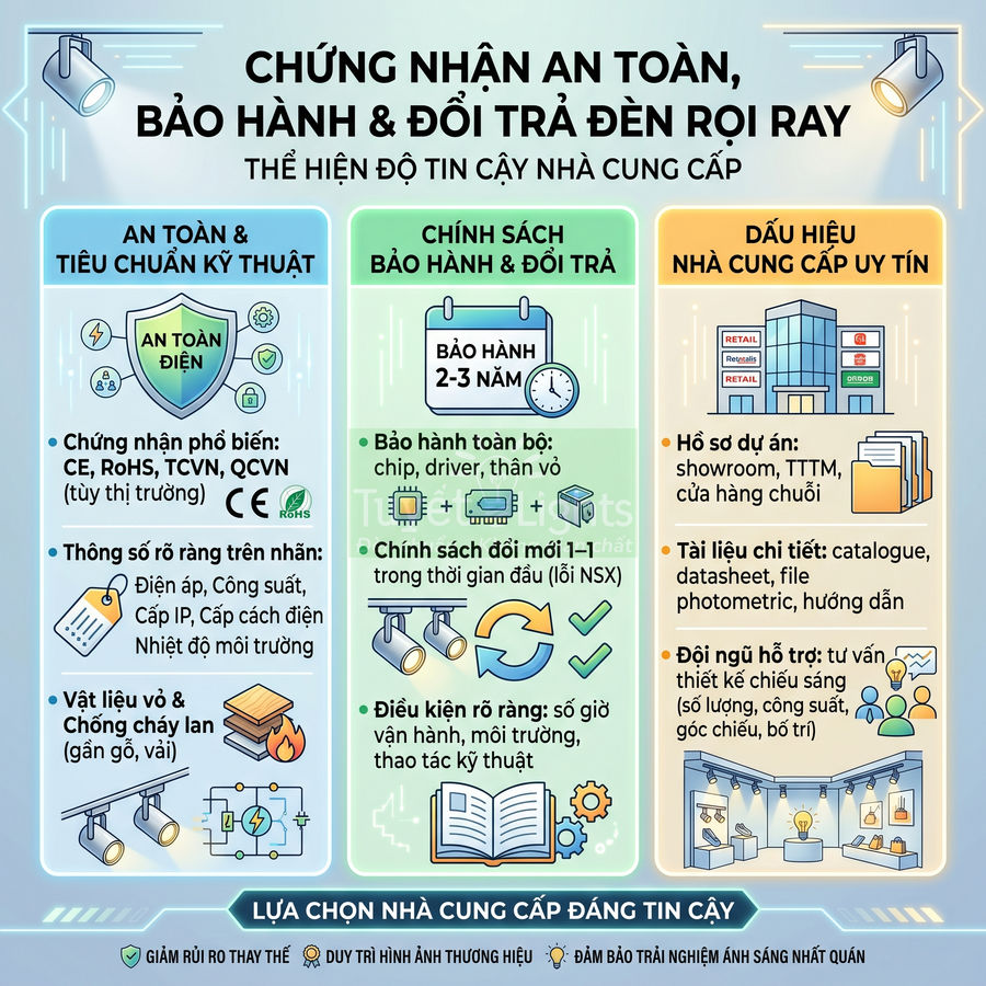 Infographic chứng nhận an toàn, bảo hành và dấu hiệu nhà cung cấp uy tín cho đèn rọi ray chiếu sáng