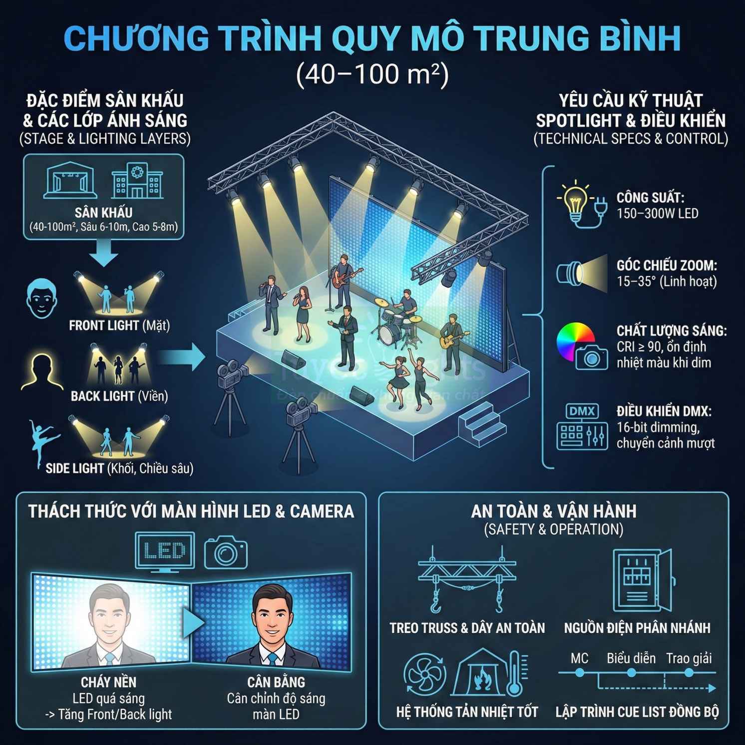 Sơ đồ bố trí đèn sân khấu LED cho chương trình quy mô trung bình 40–100 m2 với ban nhạc biểu diễn