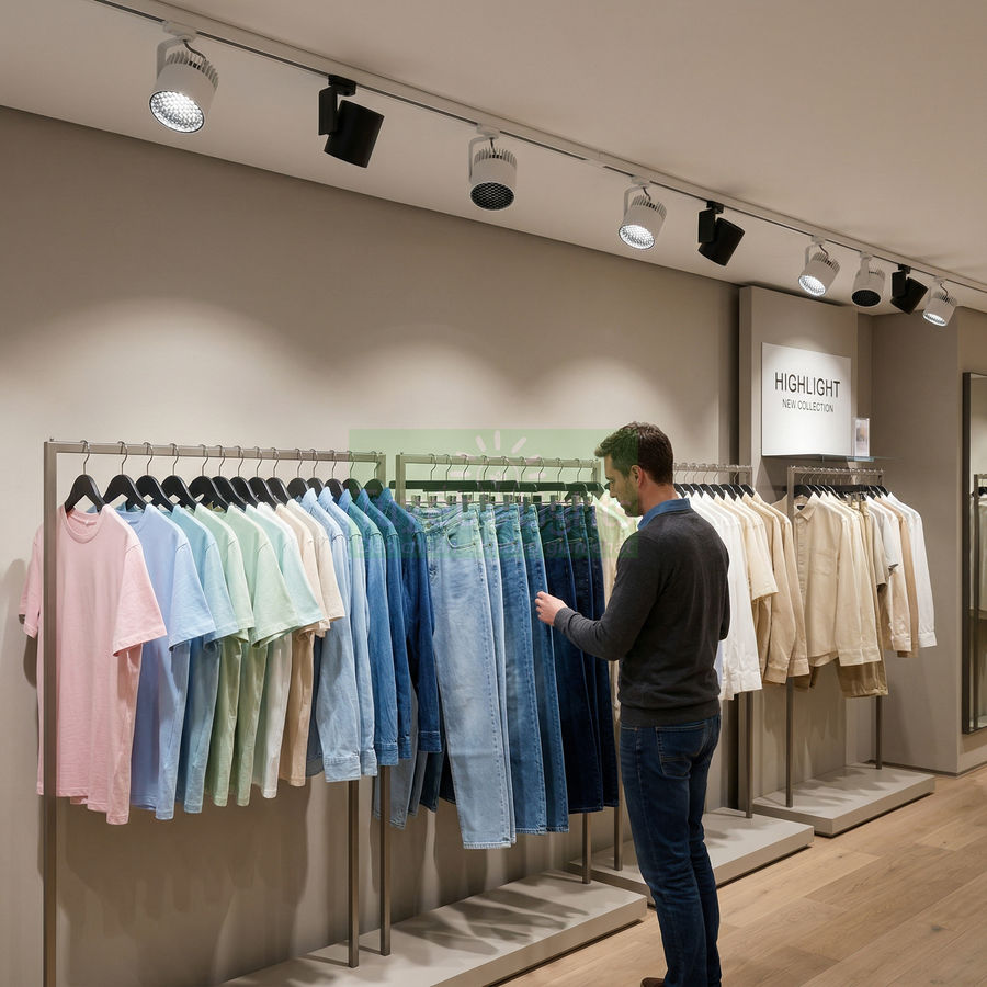 Khách hàng nam chọn quần jean trên giá treo trong cửa hàng quần áo thời trang sáng đèn