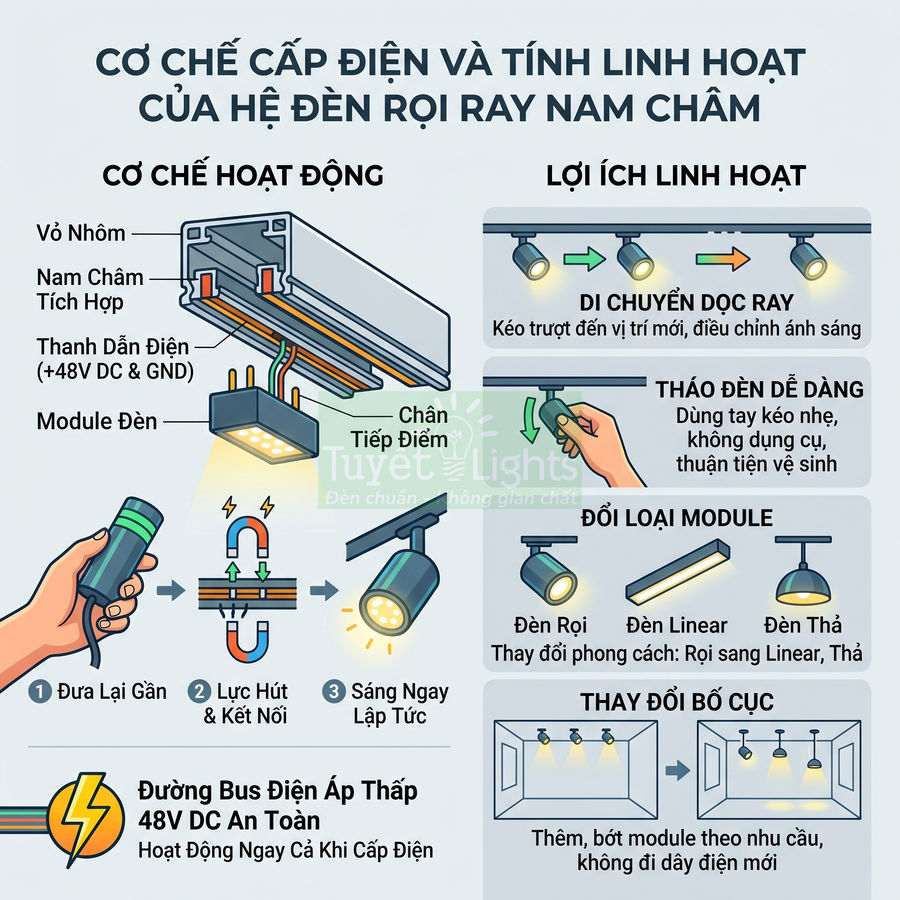 Hệ đèn rọi ray nam châm Tuyết Lights với cơ chế cấp điện 48V DC và các module đèn linh hoạt