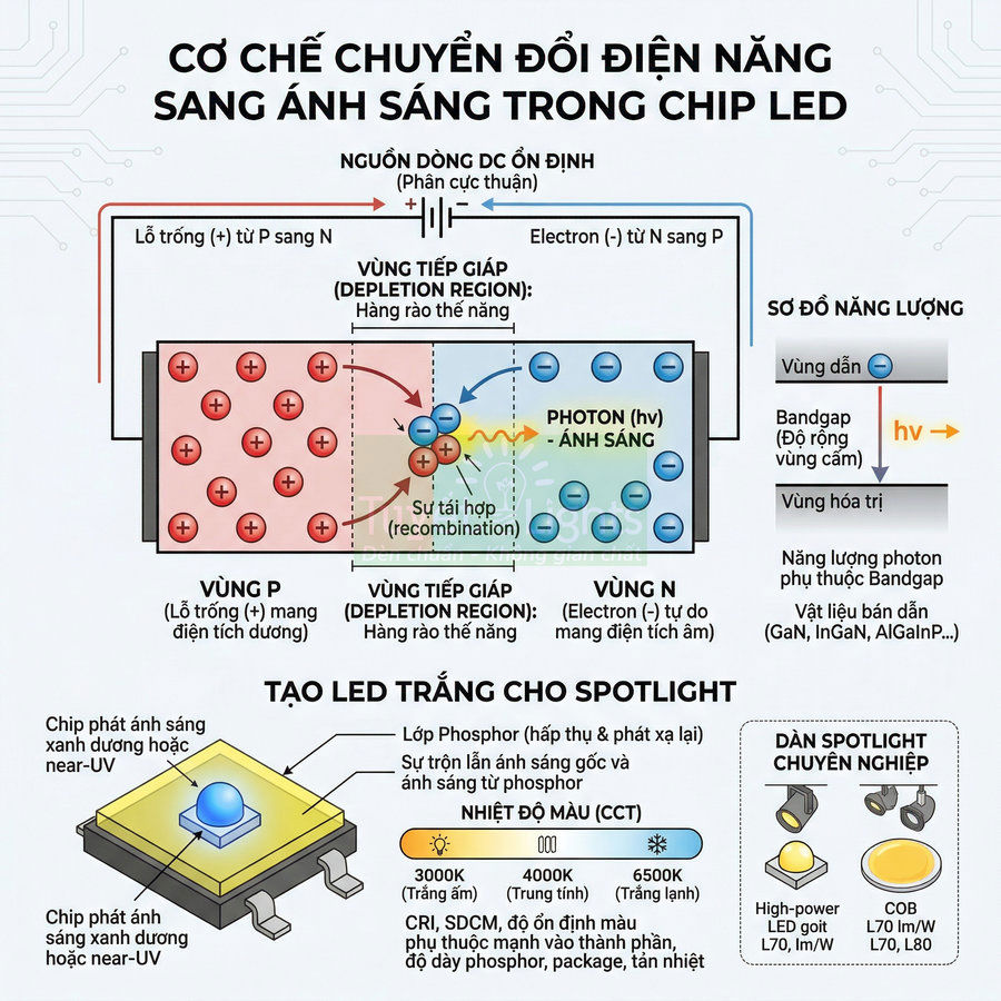Sơ đồ cơ chế chuyển đổi điện năng sang ánh sáng trong chip LED và cấu tạo LED trắng cho spotlight