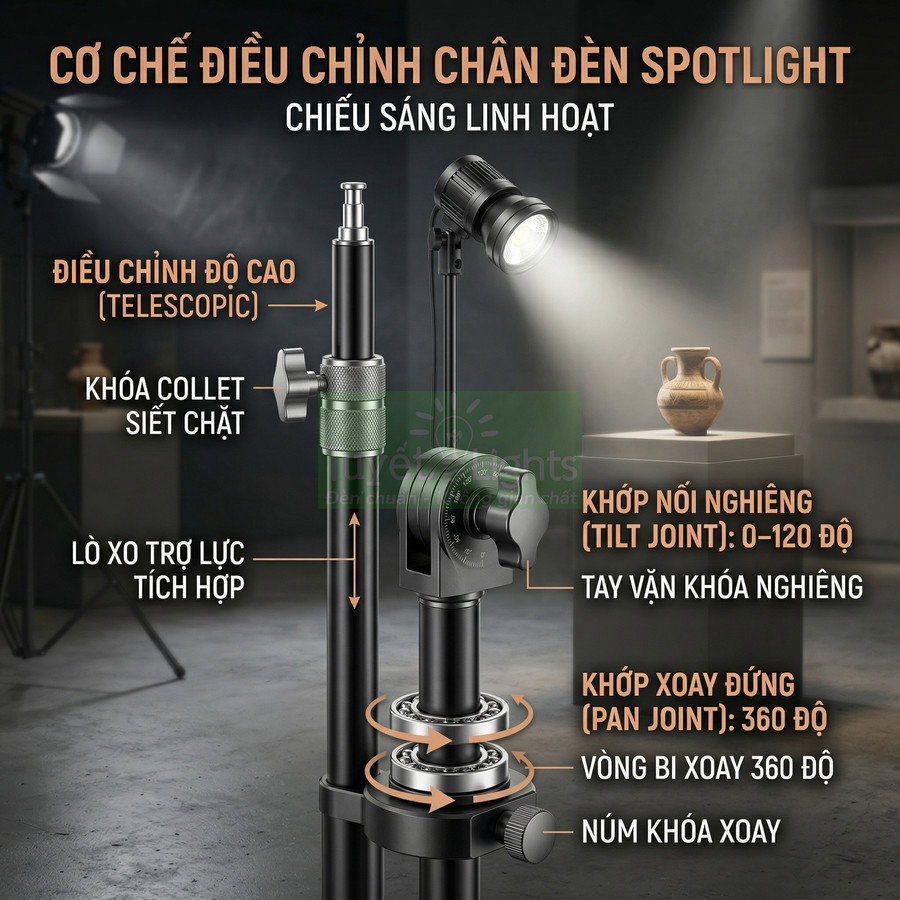 Chân đèn spotlight studio điều chỉnh độ cao và góc chiếu linh hoạt với khớp xoay 360 độ