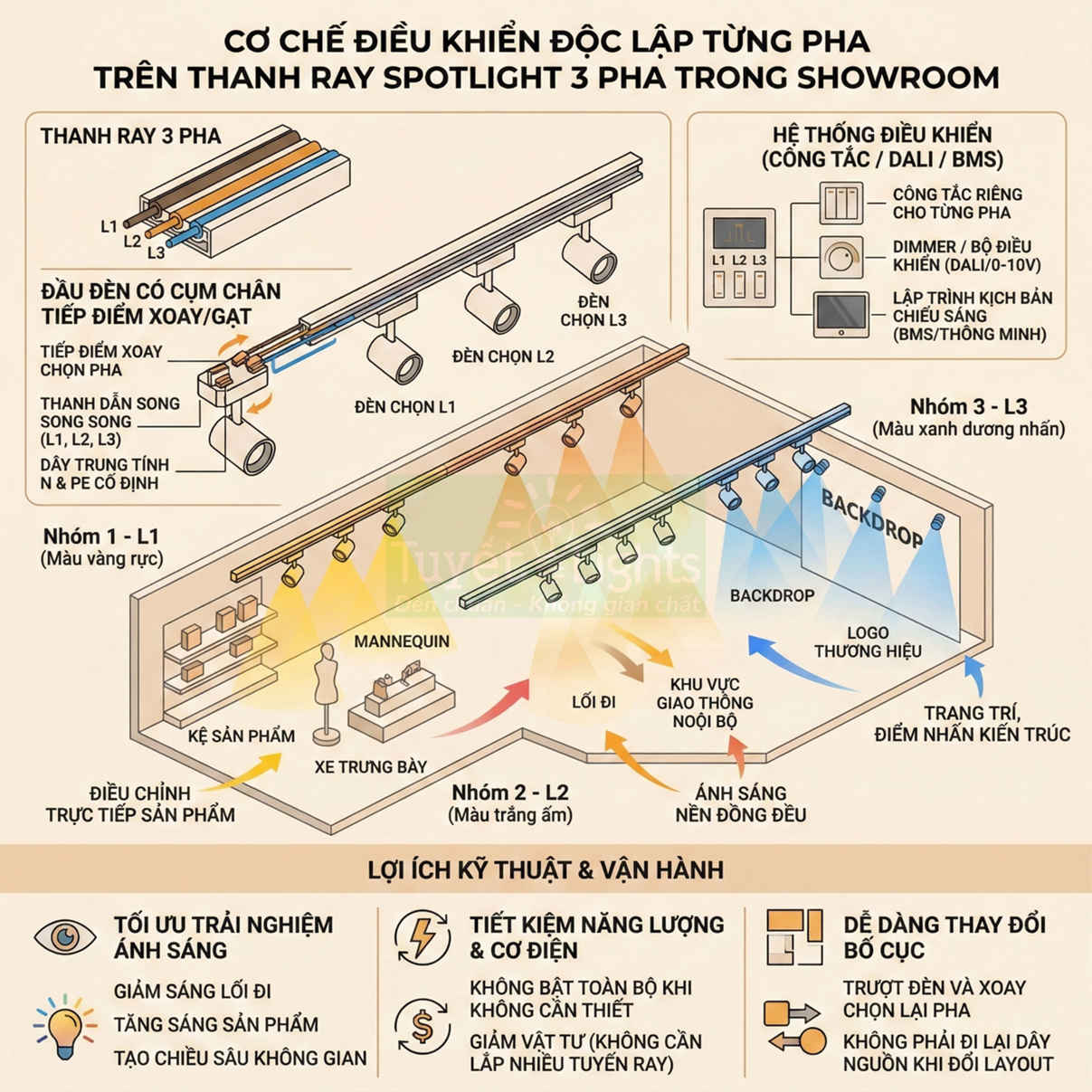 Sơ đồ cơ chế điều khiển độc lập từng pha cho hệ thống đèn ray spotlight 3 pha trong showroom